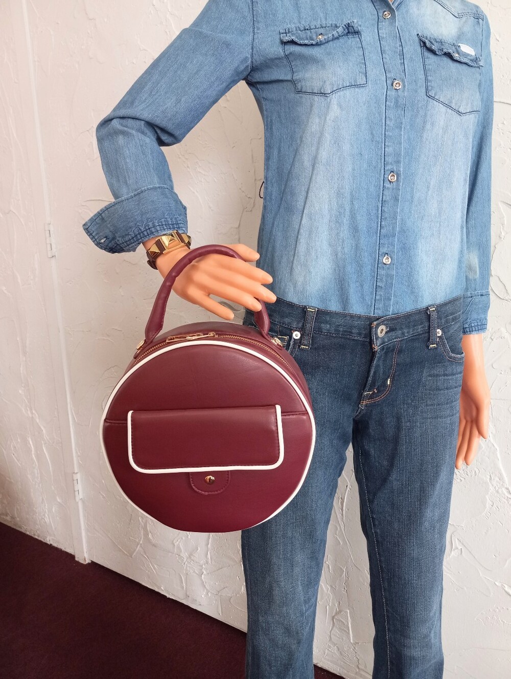 Anthropologie, Aota Top-Handle Circular Piped Tote, Deep Red